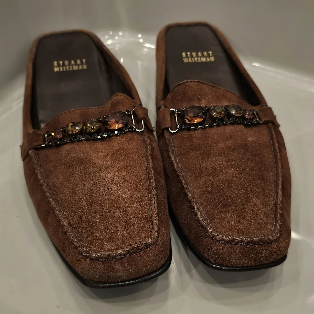 [LIKE NEW] Stuart Weitzman Brown Suede Rhinestone Jeweled Mules Loafers Sz 8.5